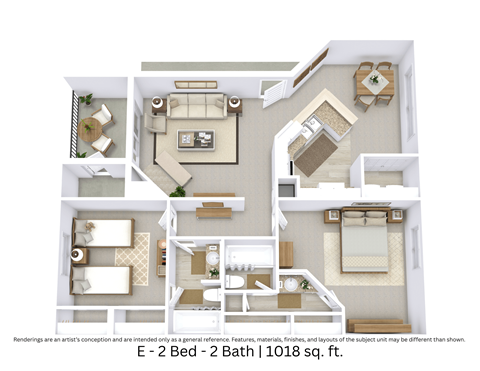 Floor plan for 2 beds, 2 baths, 1018 sqft